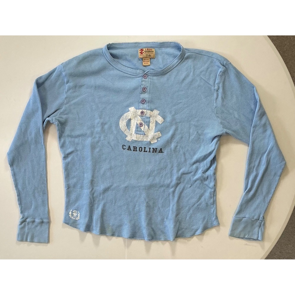 Y2K VTG UNC North Carolina Henley Shirt Large Blue Waffle Knit Thermal Izod
